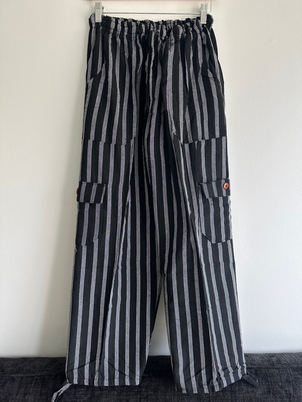 Peru/Ecuador Handmade Cotton Boho Striped Black Gray Unisex‎ Pants Joggers Large